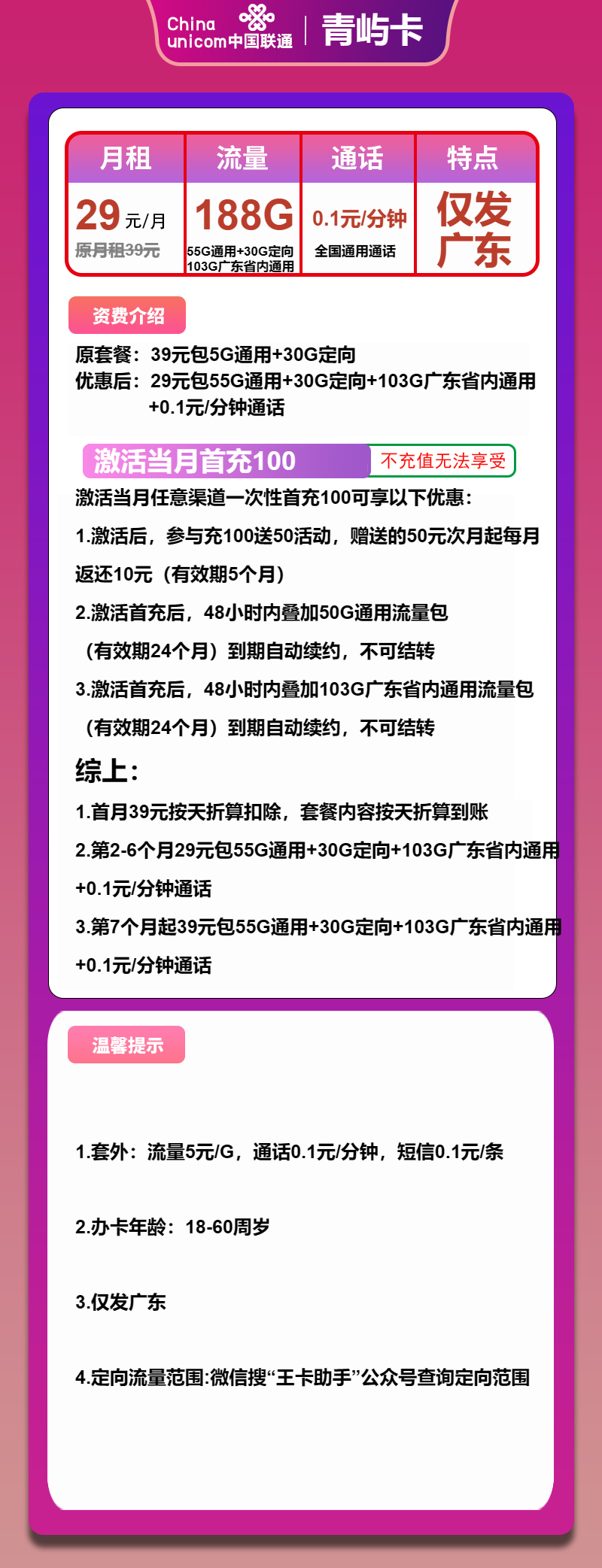 联通青屿卡29元月包55G通用+103G广东通用+30G定向+通话0.1元/分钟