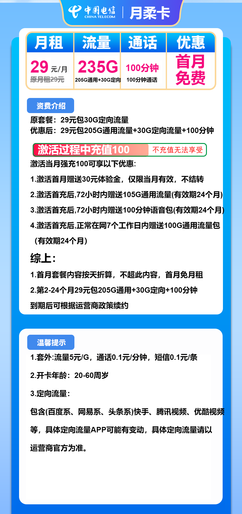 电信月柔卡29元月包205G通用流量+30G定向流量+100分钟通话
