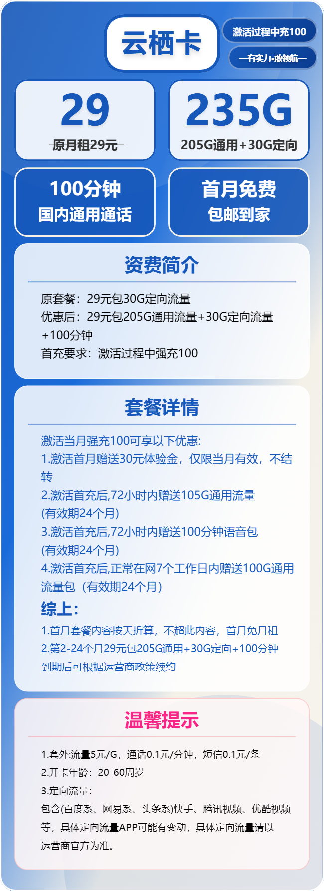 电信云栖卡29元月包205G通用流量+30G定向流量+100分钟通话