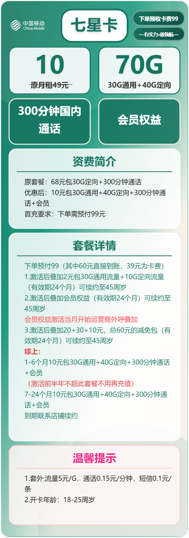 移动七星卡10元月包30G通用流量+40G定向流量+300分钟通话+会员权益