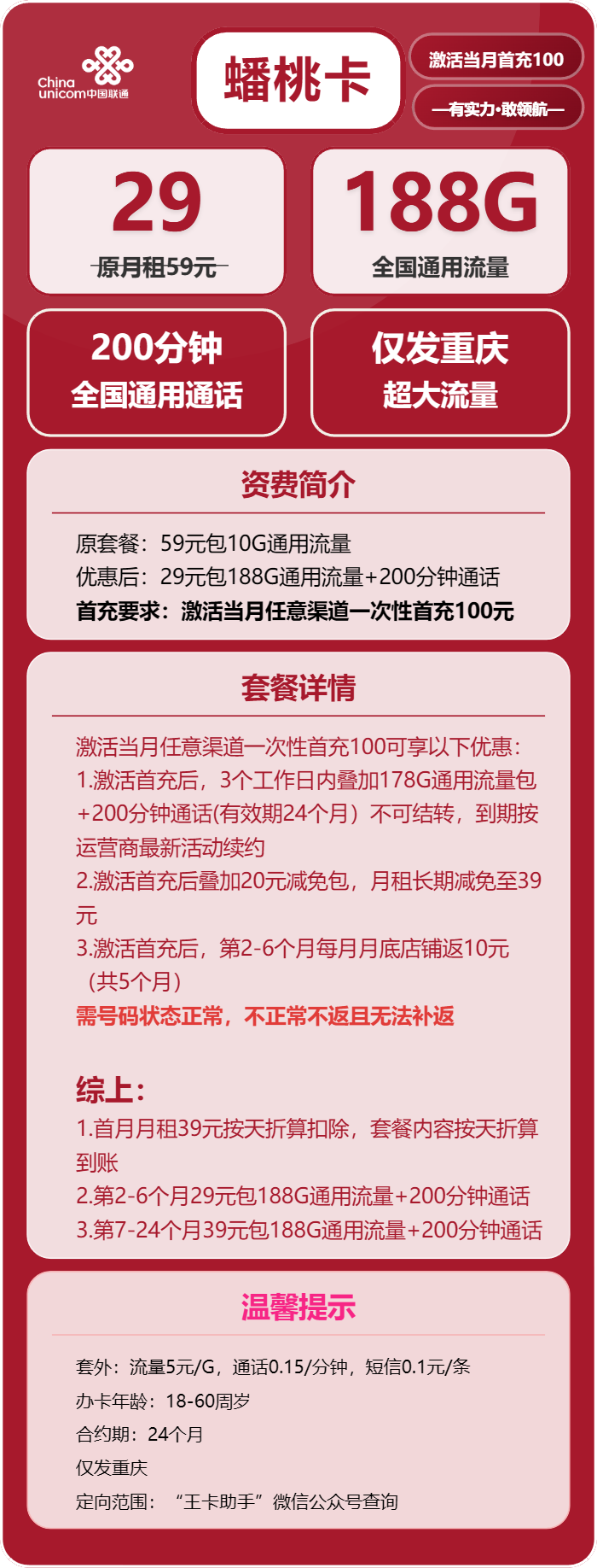 联通蟠桃卡29元月包188G通用流量+200分钟通话