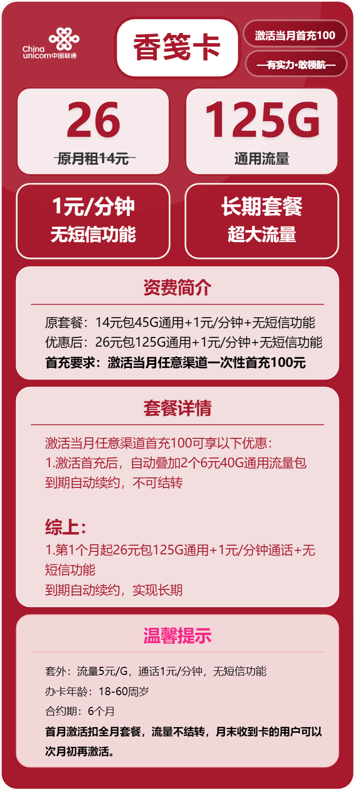 联通香笺卡26元月包125G通用流量+通话1元/分钟