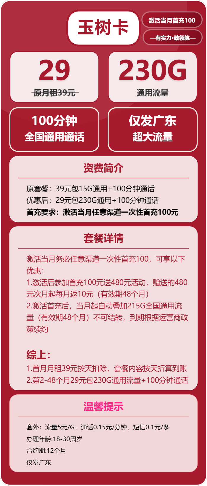 联通玉树卡29元月包230G通用流量+100分钟通话