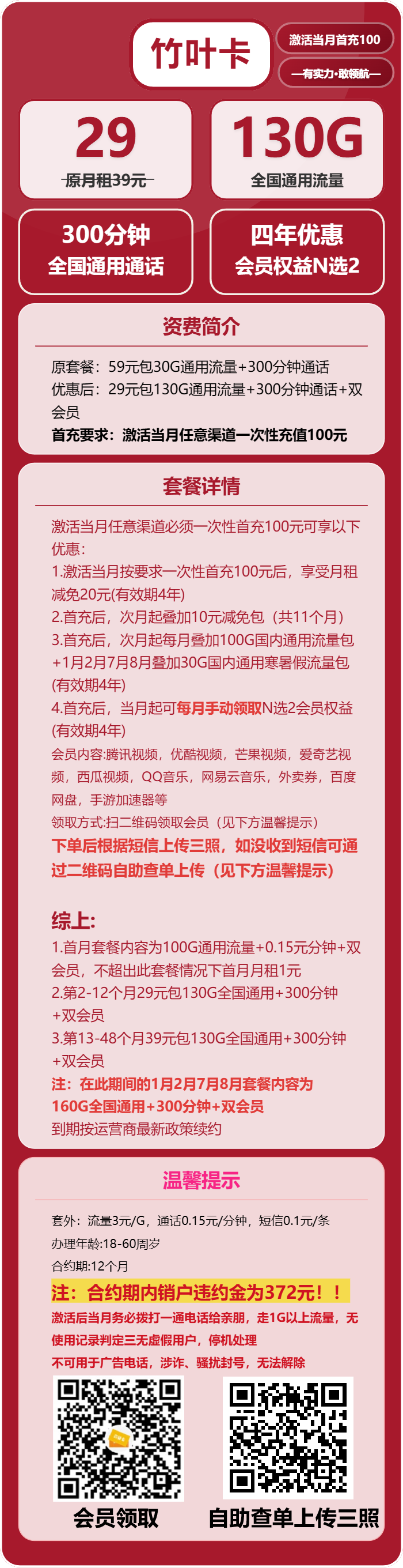 联通竹叶卡29元月包130G通用流量+300分钟通话+双会员
